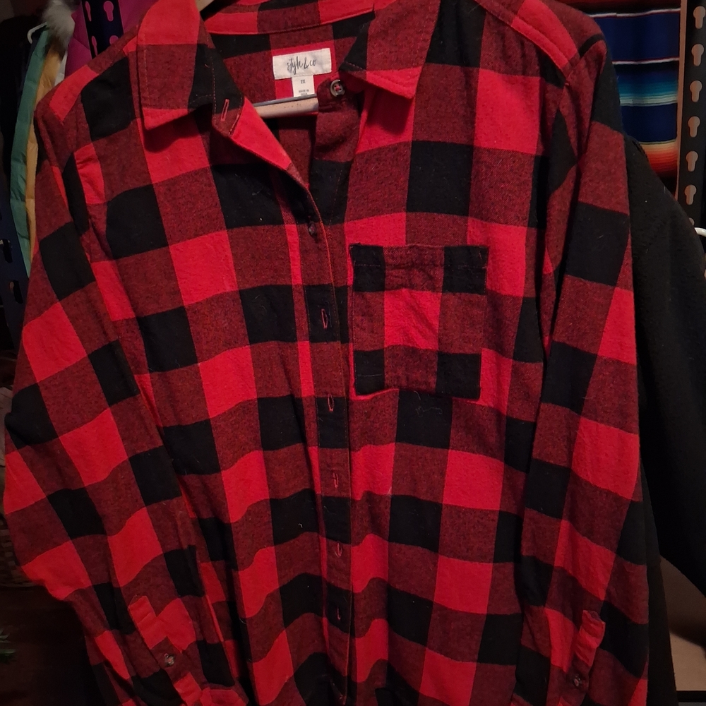 Style & Co. Red and Black Flannel Plaid Women's Button Down Shirt 2X